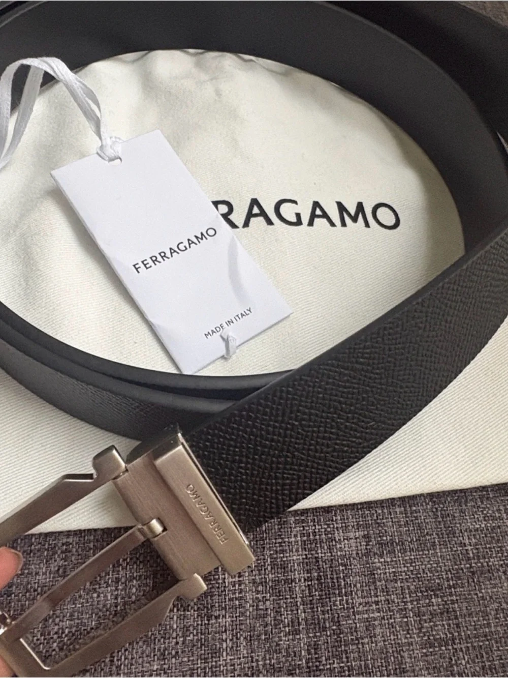 Salvatore Ferragamo Black Textured Leather Belt with Brushed Silver Buckle